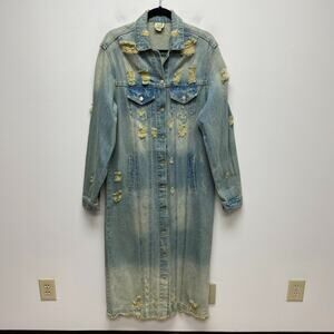 Jaded Gypsy Womens Blue Distressed Back Slit Button Front Long Denim Jacket S/M